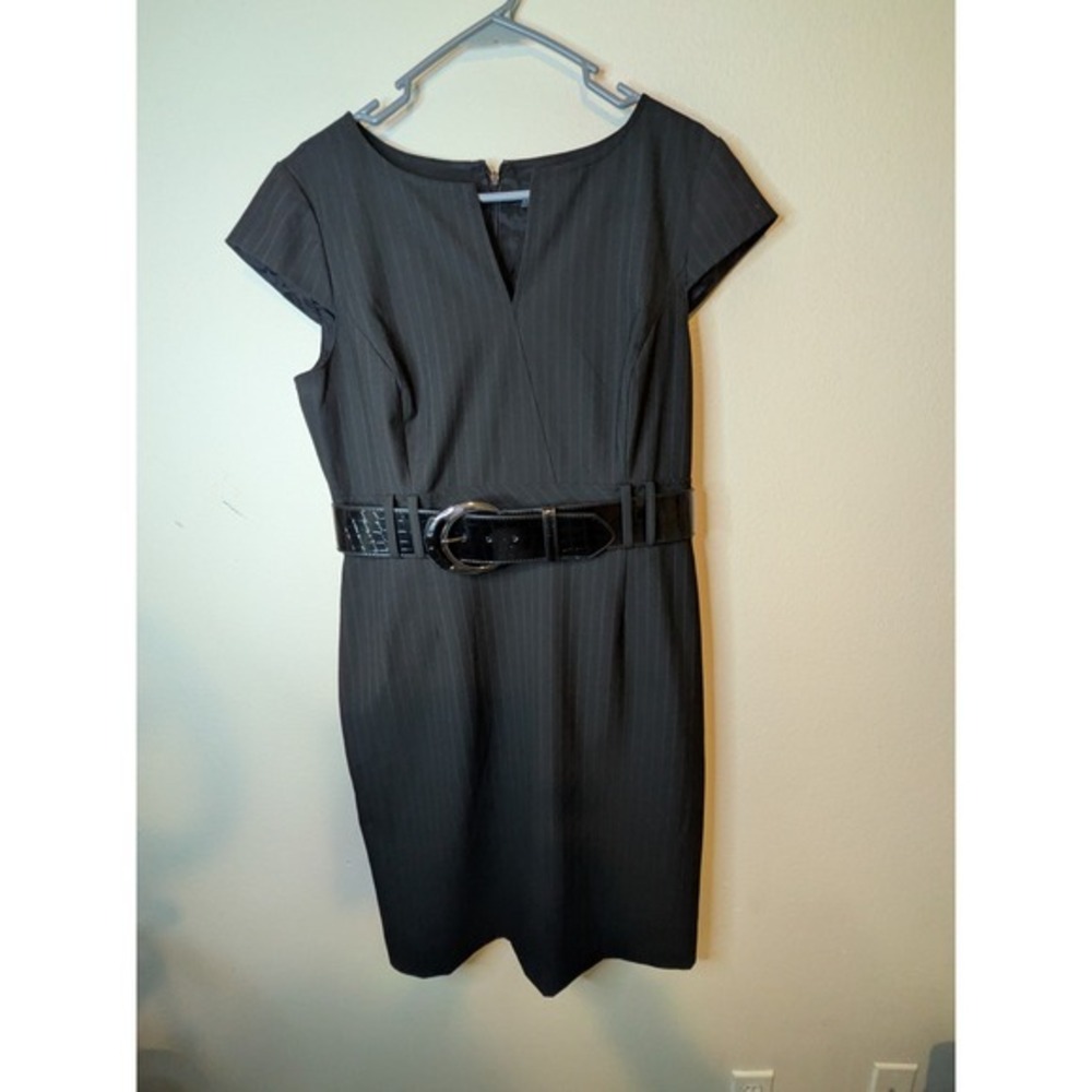 ANTONIO MELANI Black Pinstripe Cap-Sleeve Sheath Dress with Glossy Black Belt